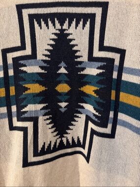 Pendleton Cream Open-Front Cardigan with Navy and Teal Sleeve Pattern